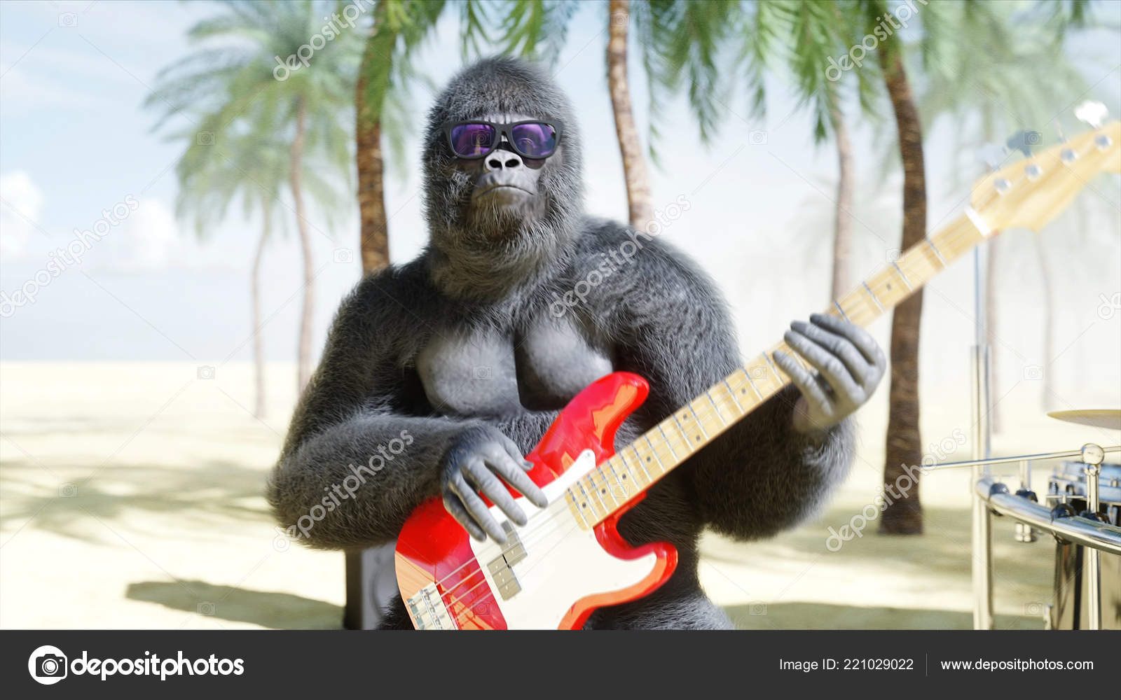 Gorilas e macacos engraçados tocam guitarra e bateria. Festa de rock à  beira-mar. Renderização 3d . fotos, imagens de © chagpg #221029022